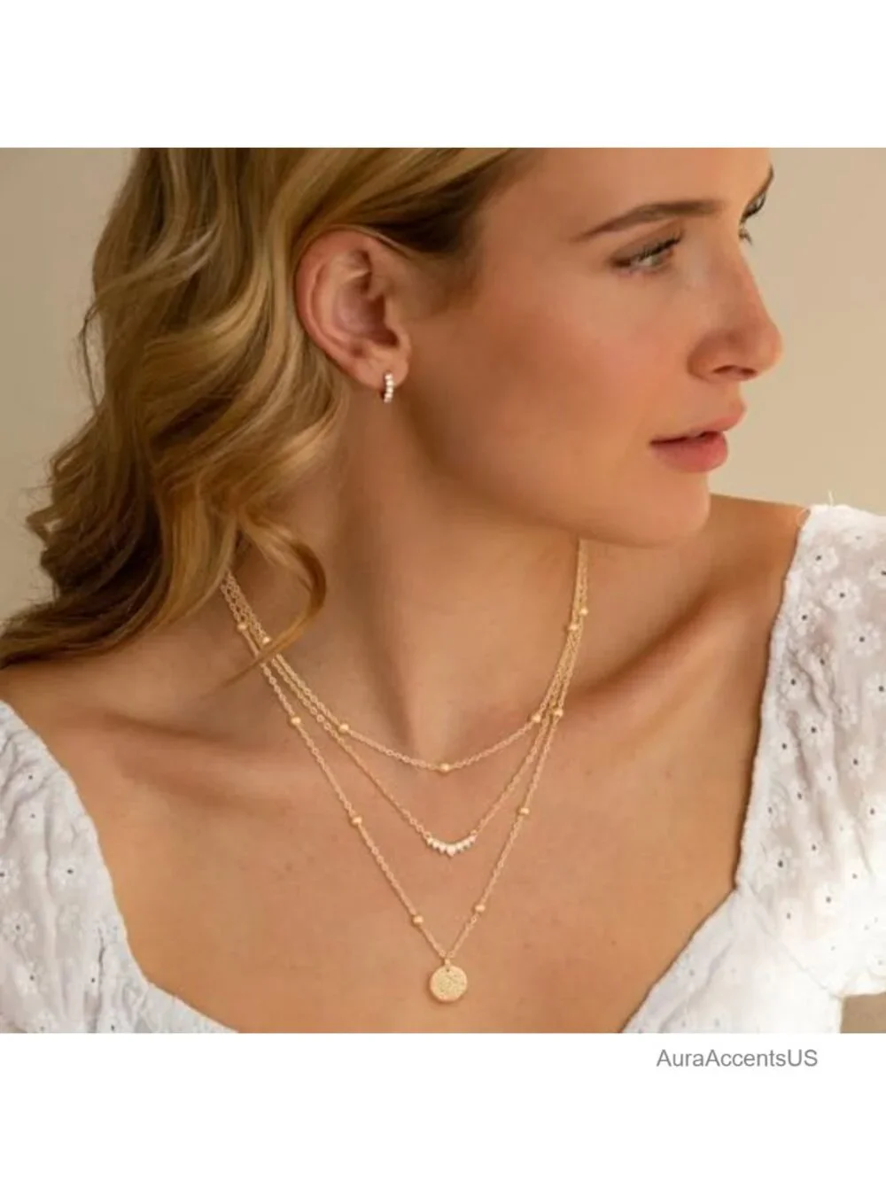 14K Gold Plated 3-Layer Dainty Necklace Set Cuban Herringbone Chain Adjustable